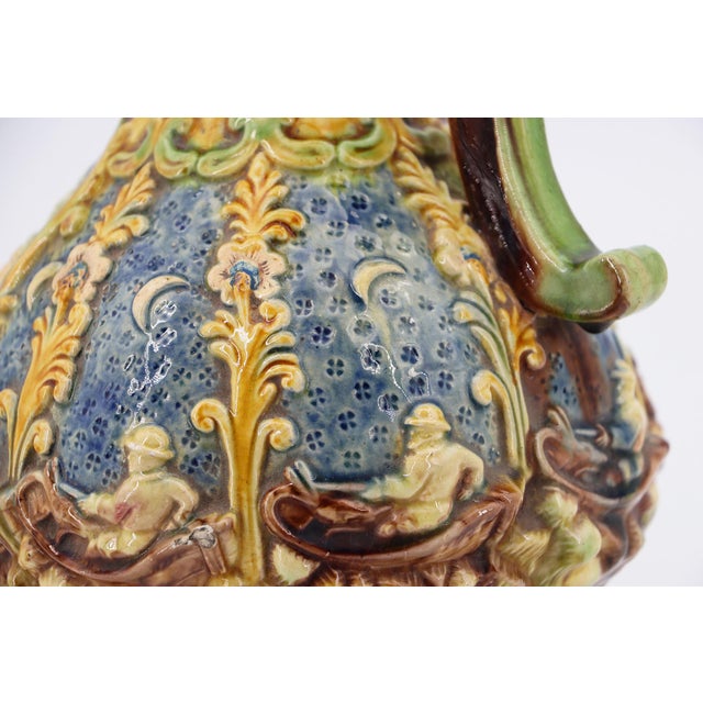 Antique Portuguese Palissy Ware Jug Depicting Fishermen in Boats, Earthenware For Sale - Image 10 of 18