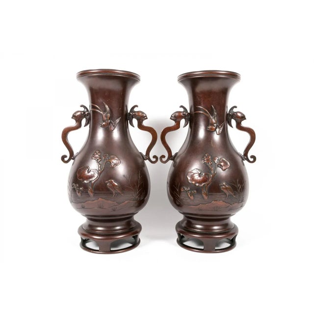 Pair Meiji Japanese Bronze Vases With Bird & Pond Relief For Sale - Image 11 of 11