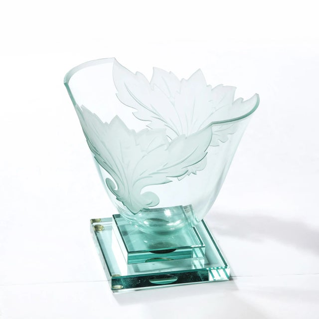 1990s Frosted and Etched Cut Glass Leaf Vase/Bowl on Geometric Base by Robert Guenther For Sale - Image 11 of 13