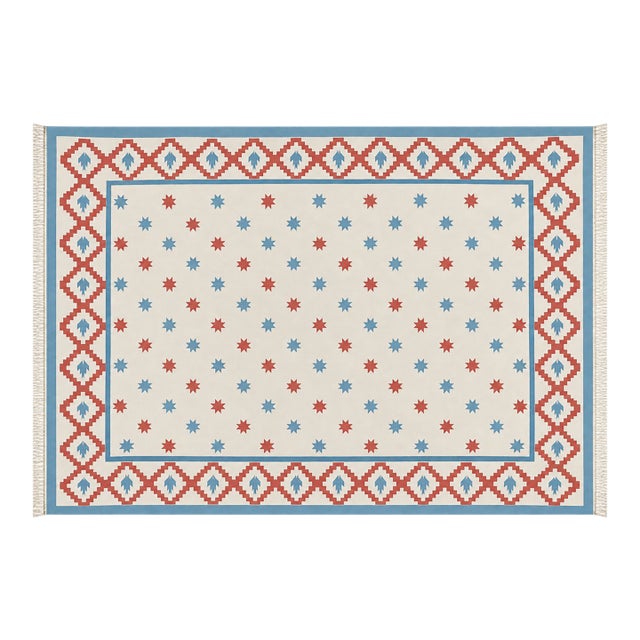Handmade Cotton Vegetable Dyed Rug, White, Sky Blue and Terracotta Star Dhurrie-8'x10' For Sale