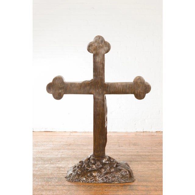 Contemporary Bronze Religious Cross with Trifold Extremities and Rocky Base For Sale - Image 9 of 12