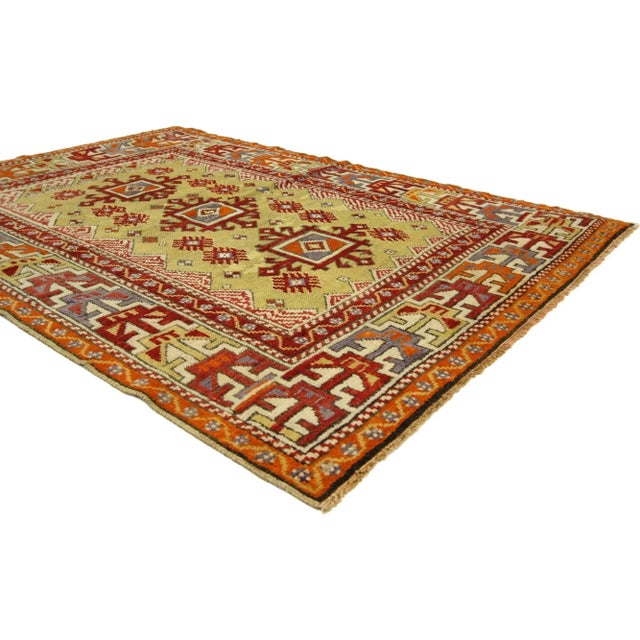 73873 Colorful Vintage Turkish Oushak Rug, 03'07 X 04'11. Step into a realm where wanderlust meets functionality, embodied...