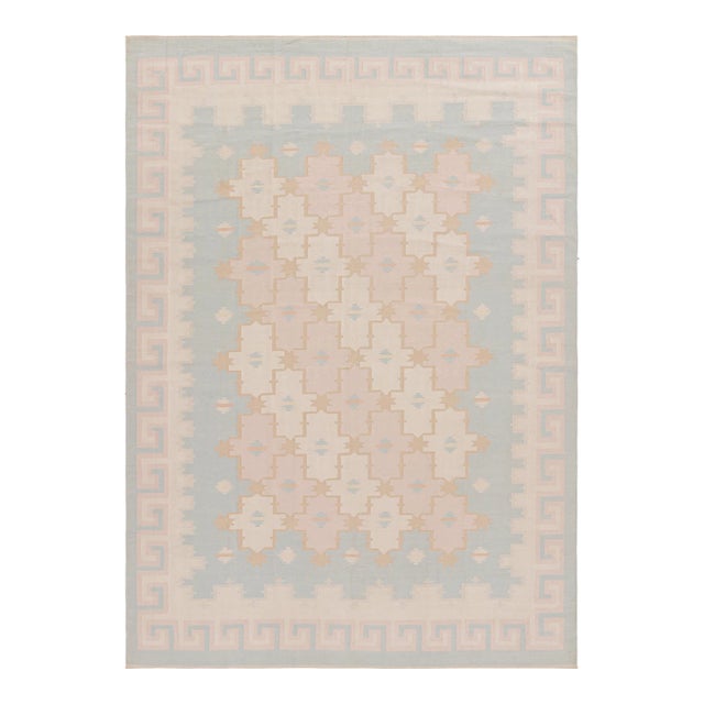 Rug & Kilim’s Contemporary Dhurrie Rug in Blue, White & Pink Geometric Patterns For Sale