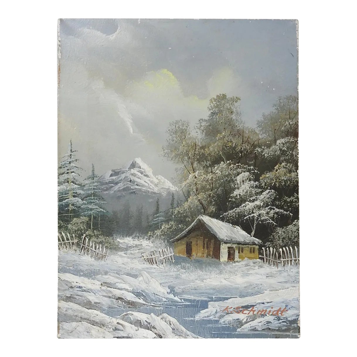 Vintage Mid 20th Century Snow Covered Mountain Cabin Painting