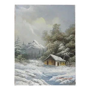 Vintage Mid 20th Century Snow Covered Mountain Cabin Painting