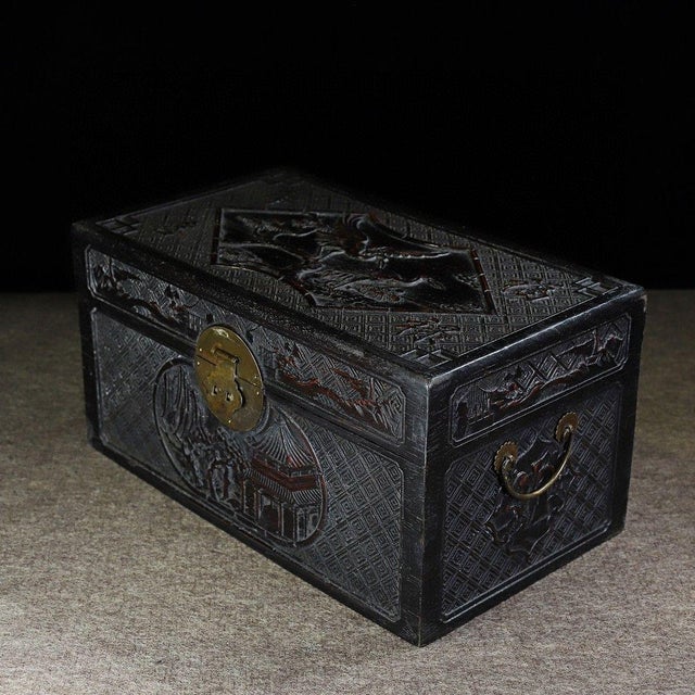 19Large Hand-Carved Dark Wood Treasure Box With Brass Hardware & Landscape Motif For Sale - Image 9 of 9