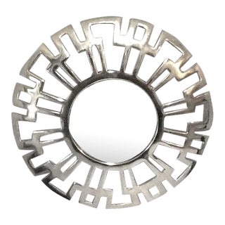 Late 20th Century Round Chrome Mirror With Decorative Greek Key Border For Sale