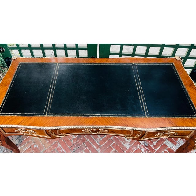 Mid 20th Century French Louis XV Bureau Plat Desk With Ormolu Mounts, Leather Top & Herringbone Parquetry Veneers For Sale - Image 4 of 10