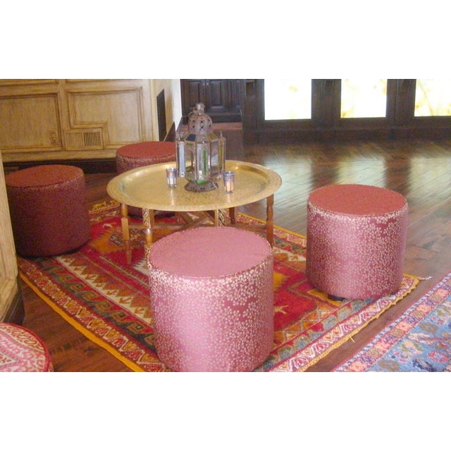 Moroccan Moroccan Upholstered Red and Gold Fabric Pouf Low Stool Ottoman For Sale - Image 3 of 4