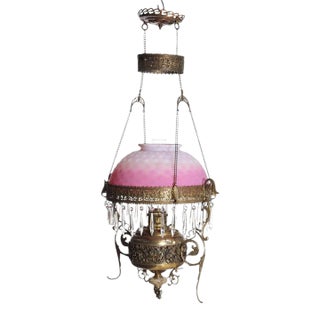 Late 19th Century Victorian Brass, Bronze & Crystal Chandelier With Peachblow Hobnail Glass Shade For Sale