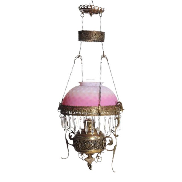 Late 19th Century Victorian Brass, Bronze & Crystal Chandelier With Peachblow Hobnail Glass Shade For Sale