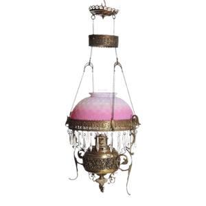 Late 19th Century Victorian Brass, Bronze & Crystal Chandelier With Peachblow Hobnail Glass Shade