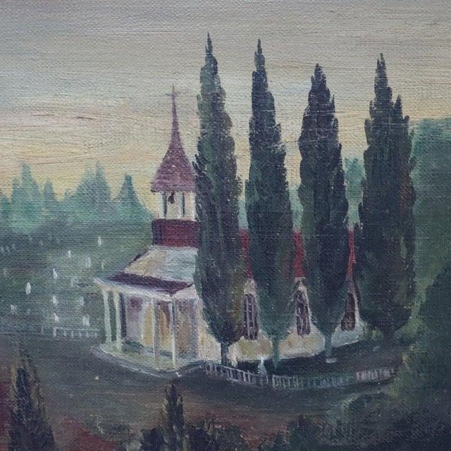 An antique oil on canvas painting depicting a rustic country river village scene. This folk art piece captures a tranquil...