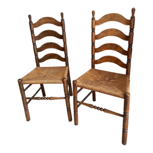 Antique Ladder Back Chairs with Rush Seats- Set of 2