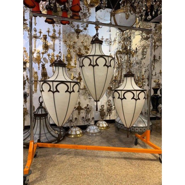 Neoclassical 1900 Leaded Glass Large Light Fixture For Sale - Image 3 of 7