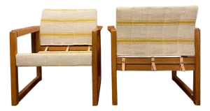 Pair of Safari Chairs by Karin Mobring, New Linen + Leather, Sweden, 1970's