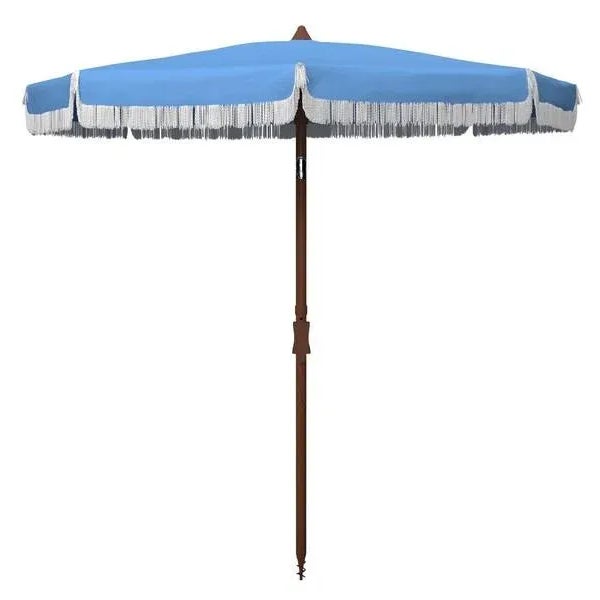 Safavieh Outdoor Estonia 6.5 ft Fringe Umbrella - Light Blue For Sale - Image 4 of 4