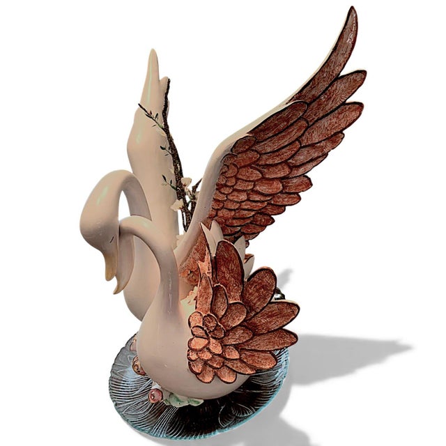 Figurative 1980s Large Hand Painted Loving Swans Ceramic Statue Vase For Sale - Image 3 of 14