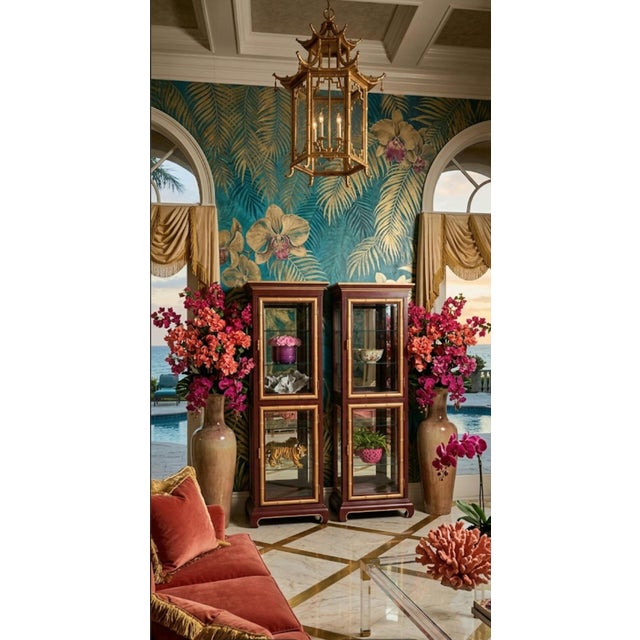 Brick Red Vintage Dark Red Gold Faux Bamboo Ming Leg Jasper Style Palm Beach Regency Lighted Glass Shelving Etagere Cabinets- A Pair For Sale - Image 8 of 9