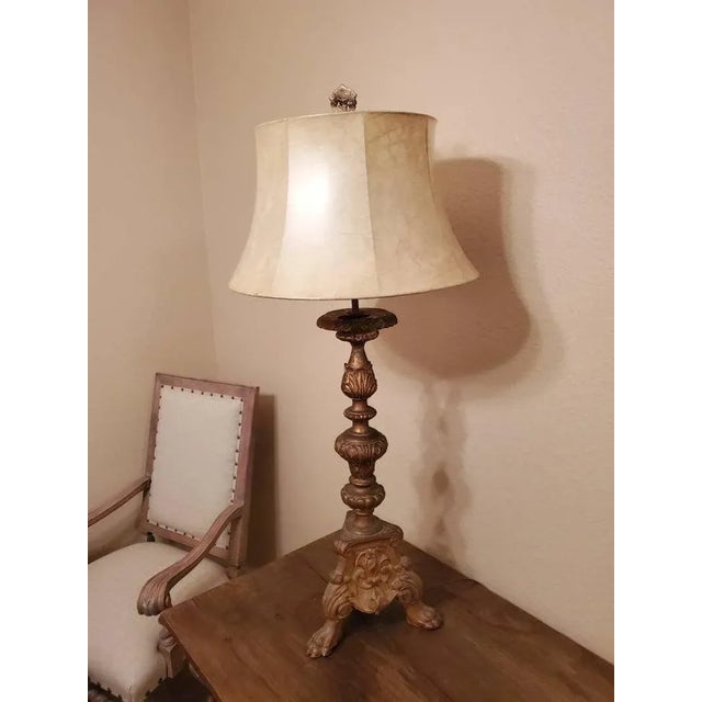 19th Century Baroque Carved Altar Candlestick Two-Light Table Lamp For Sale - Image 4 of 11