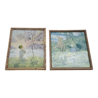 Margaret Tarrant Morning Carol and an Elf to Tea 1930s Reproduction Prints - A Pair For Sale