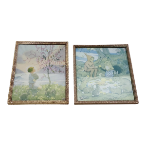 Margaret Tarrant Morning Carol and an Elf to Tea 1930s Reproduction Prints - A Pair