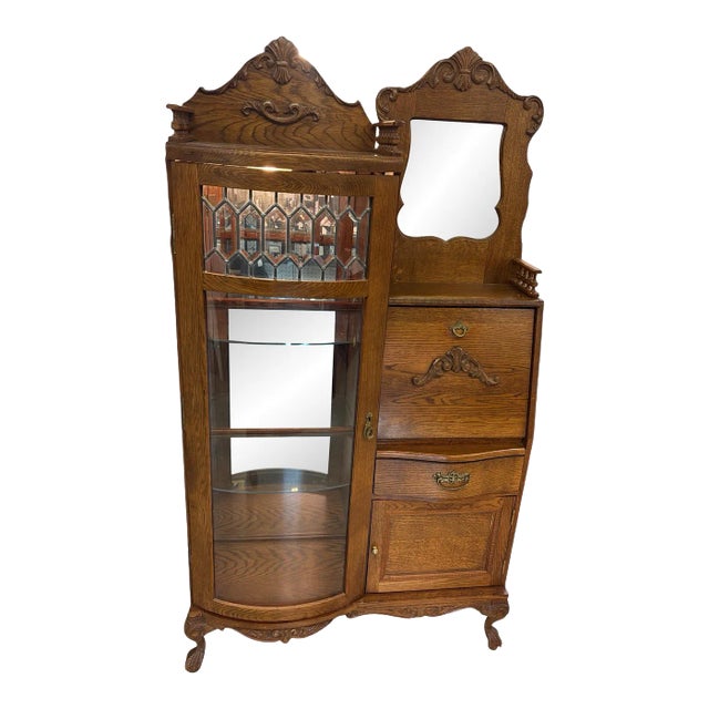 1900s Oak Side by Side Secretary Desk With Glass Curio Cabinet For Sale