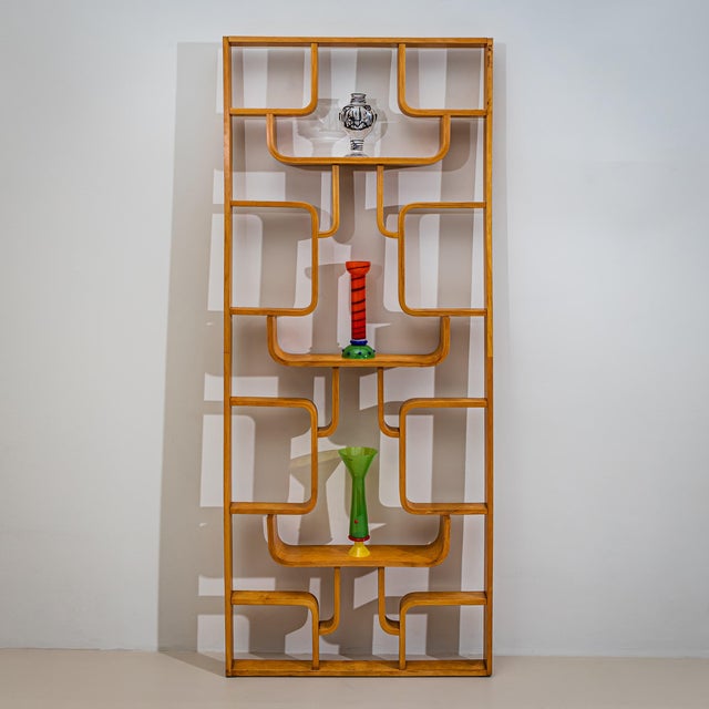 Airy Mid-Century room divider made of laminated wood in a light brown tone, designed by Ludvík Volák for Dřevopodnik...