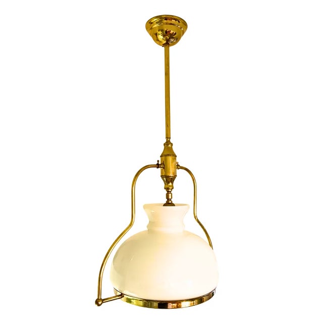 Mid-Century French Brass and Opaline Glass Pendant Light, 1950s For Sale - Image 6 of 8