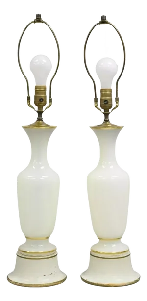 Vintage French Neoclassical Style Opaline Vaseline Glass Table Lamps - A Pair