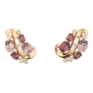 Vintage Signed Crown Trifari Goldtone Faux-Amethyst Clip Earrings - 2 Pieces