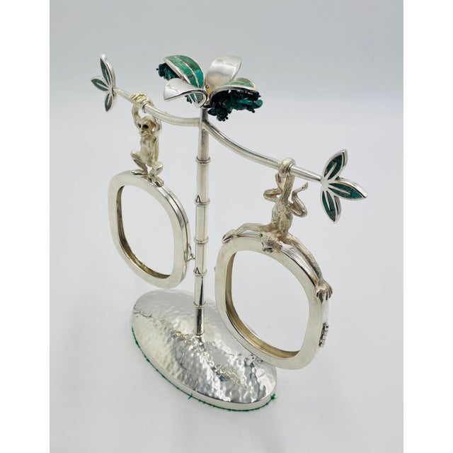 Metal 1980s Emilia Castillo Monkey Picture Frame With Malachite Inlay, Taxco Mexico For Sale - Image 7 of 18