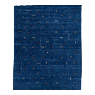 Geometric Modern Handmade Gabbeh Style Blue Wool Rug For Sale