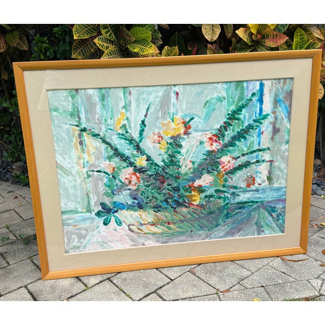 Titled Del Mar Still Life, this signed and dated 1989 monotype depicts a vibrant floral arrangement in an expressive...