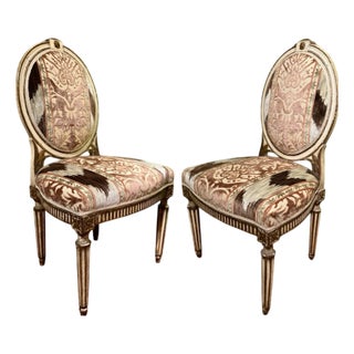 Chairs in Lacquer and Ikat Damask Upholstery, Set of 2 For Sale