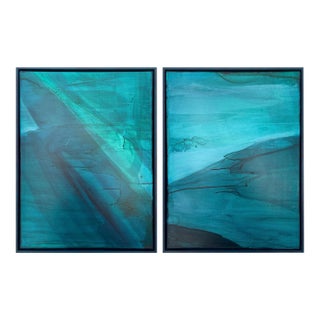 Modern Organic Coastal Diptych Painting in Turquoise & Deep Teal by Stacey Warnix For Sale