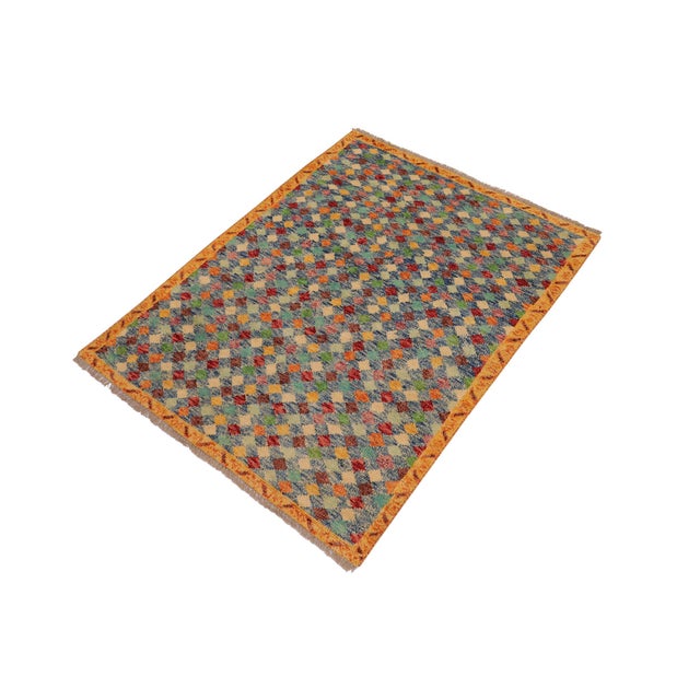 Abstract Modern Balochi Blue/Gold Wool Rug - 3'6''x4'10'' For Sale - Image 3 of 11