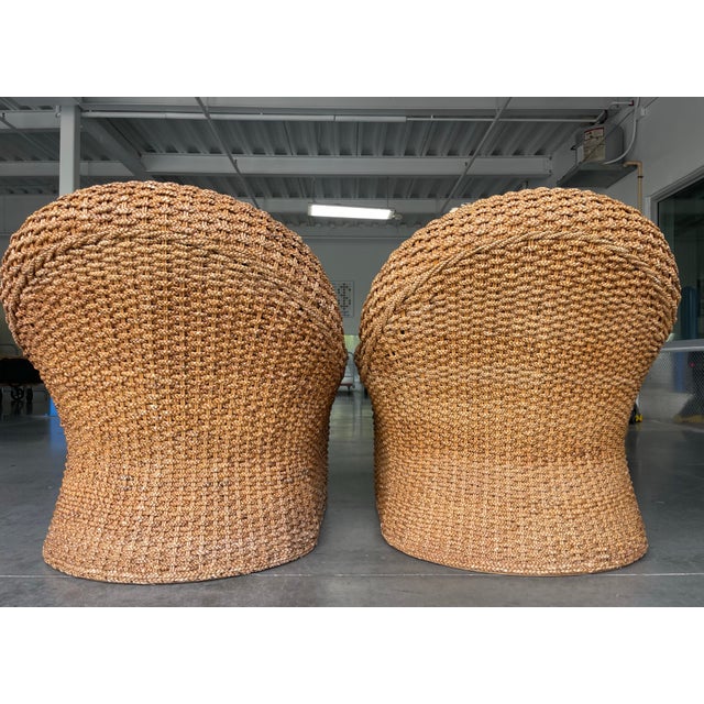 Late 20th Century Vintage Sculptural Braided Rattan Lounge Armchairs in Tropical Upholstery, Pair For Sale - Image 5 of 12