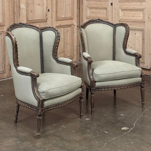 French Pair Antique Louis XVI Style French Bergères ~ Armchairs in Walnut For Sale - Image 3 of 18