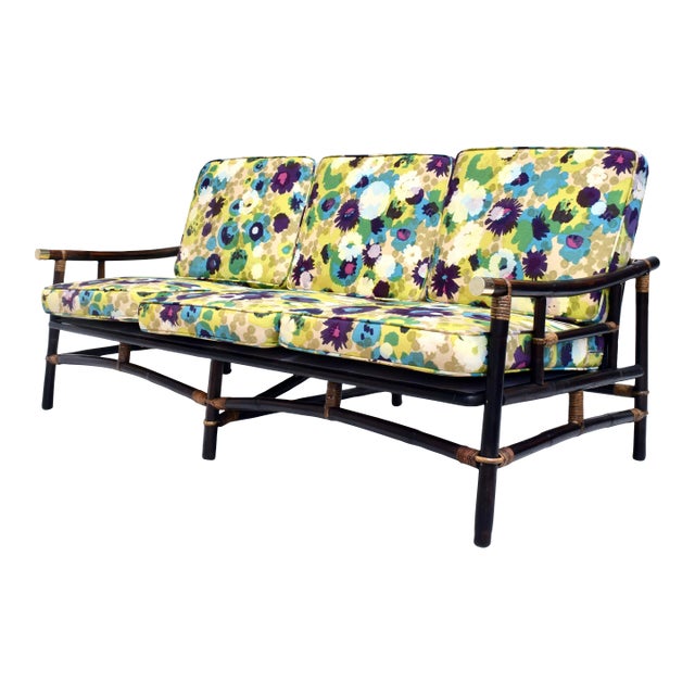Superb 1950's Rattan, Cane and Brass Sofa by John Wisner for Ficks Reed For Sale