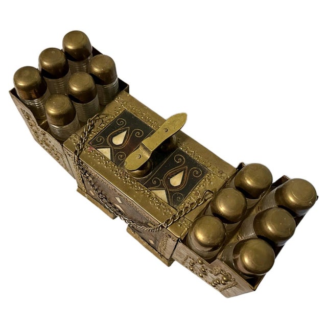 Moroccan Antique Turkish Mother-of-Pearl Inlay Wood & Brass Shoe Shine Box Stand For Sale - Image 3 of 7