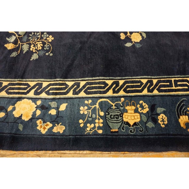 Navy Blue 1920s Blue Navy Vase Floral Antique Chinese Peking Carpet Knotted Wool Deco Rug For Sale - Image 8 of 10