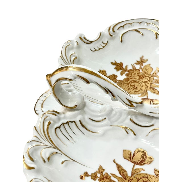 Vintage French Porcelain Shell Form Serving Dish With Gold Rose Decoration For Sale - Image 10 of 11