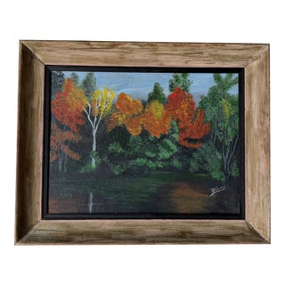 1990's Vintage Dolores Autumn Forest Landscape Acrylic Painting on Masonite Board – Framed For Sale