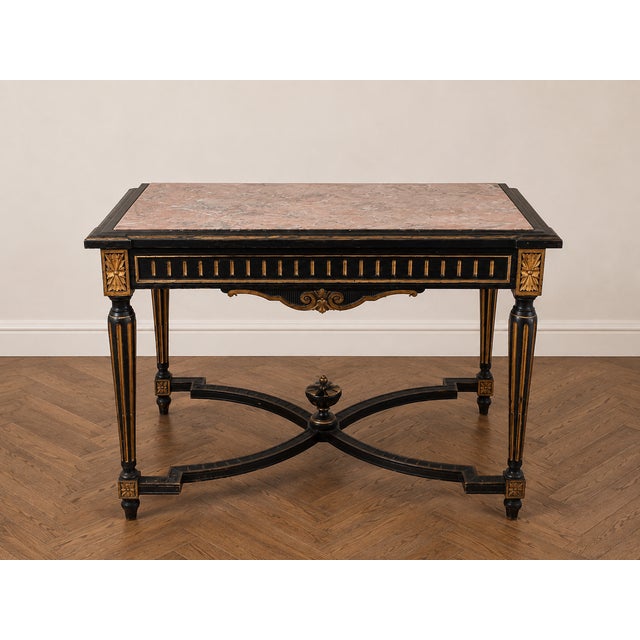 French Napoleon III Ebonized and Gilt Center Table with Sarrancolin Marble Top, 1880 For Sale - Image 4 of 14