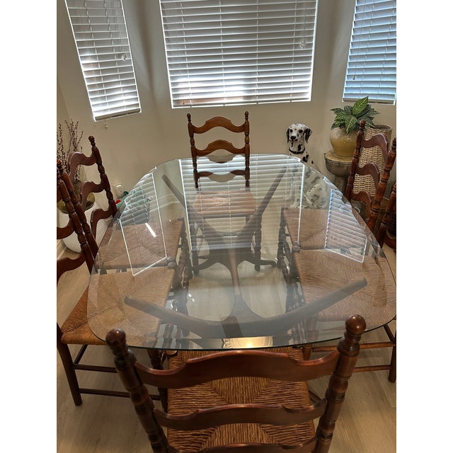 Textile 62" Oblong Beveled Glass Table With a “Organic Modernism" Base and Six (6) Wooden Ladder Back and Rush Chairs For Sale - Image 7 of 11