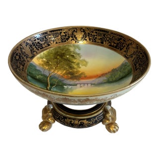 Antique Hand Painted Nippon Two-Piece Centerpiece Bowl With Footed Pedestal Base For Sale
