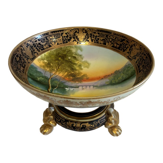 Antique Hand Painted Nippon Two-Piece Centerpiece Bowl With Footed Pedestal Base For Sale