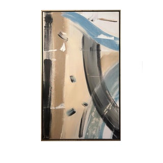 Extra Large Blue and Tan Abstract Painting in Gold Float Frame For Sale
