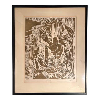 1971 Cubist "Seated Woman" Woodcut Relief Print, Signed C. Olesen '71, Framed 23 X 27.5 For Sale